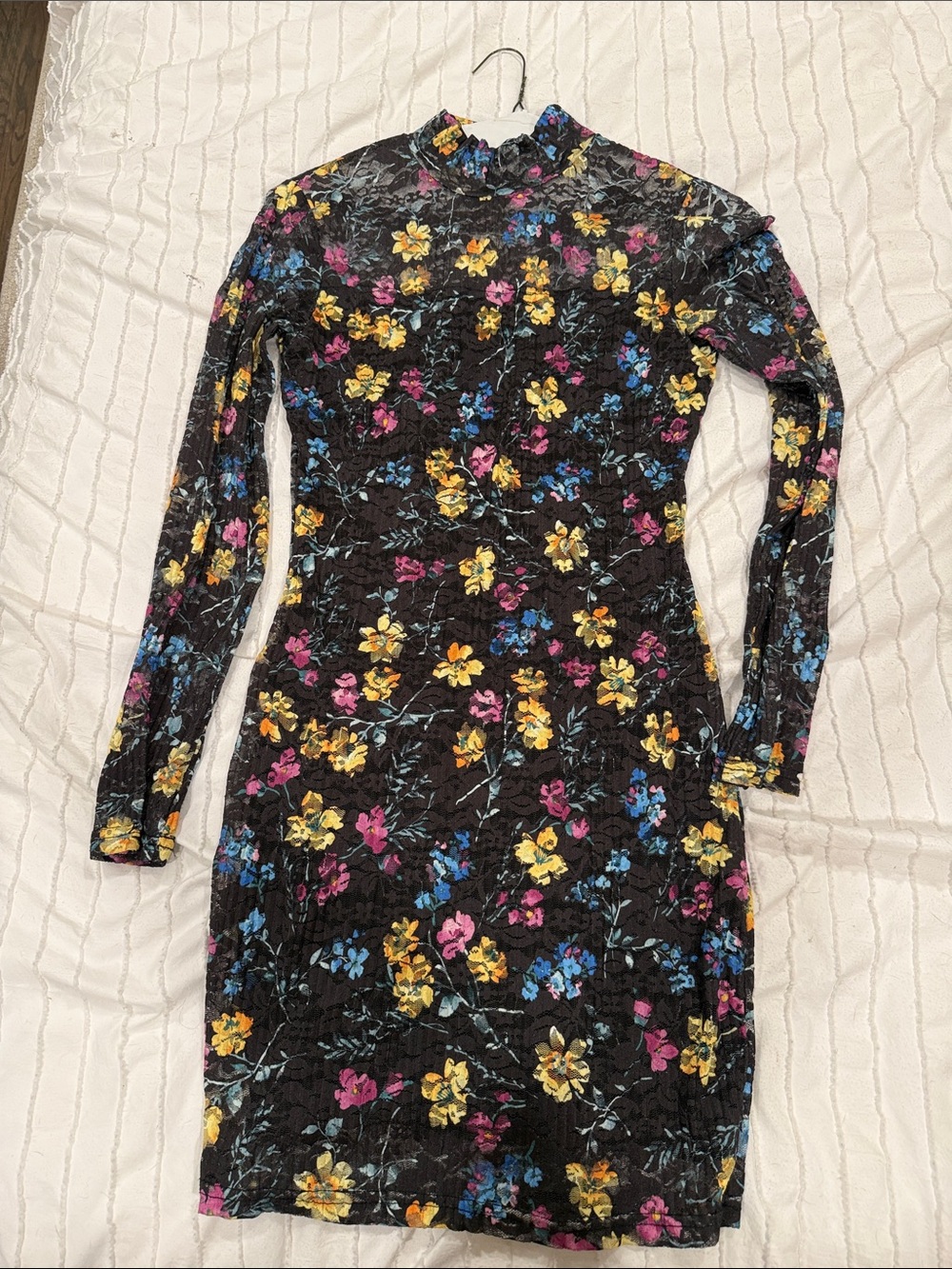 Aqua Black Floral Long Sleeve Mock Neck Mini Dress